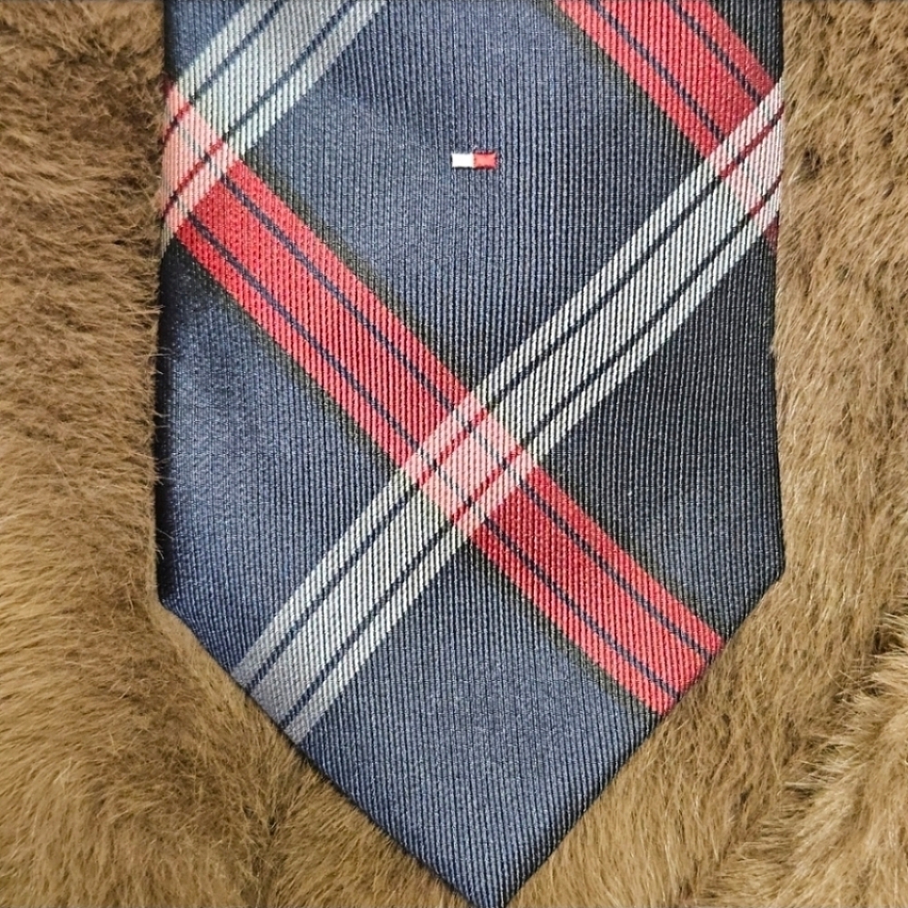 Tommy Hilfiger Navy Plaid Silk Tie with Red & White Stripes